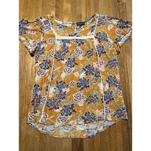 Artesia Women Large Mustard Floral Lace Keyhole BOHO Short‎ Bell Sleeve Blouse